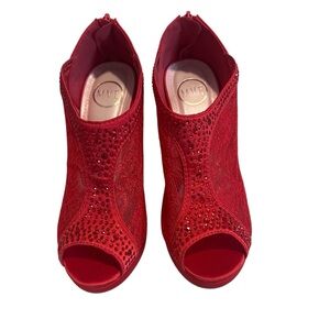 MVE Red Lace Rhinestone Peep Toe Ankle Bootie Heels Zip Women Size 7.5
